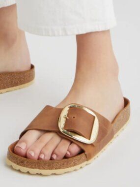 Birkenstock Madrid Big Buckle Slide Sandal in cognac leather, size 40
